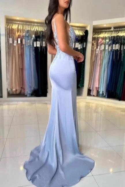 Gorgeous Column Satin Spaghetti Straps Sleeveless Prom Dress With Appliques Split by misshow.com