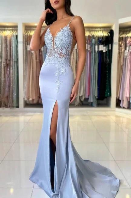 Gorgeous Column Satin Spaghetti Straps Sleeveless Prom Dress With Appliques Split by misshow.com
