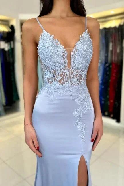 Gorgeous Column Satin Spaghetti Straps Sleeveless Prom Dress With Appliques Split by misshow.com