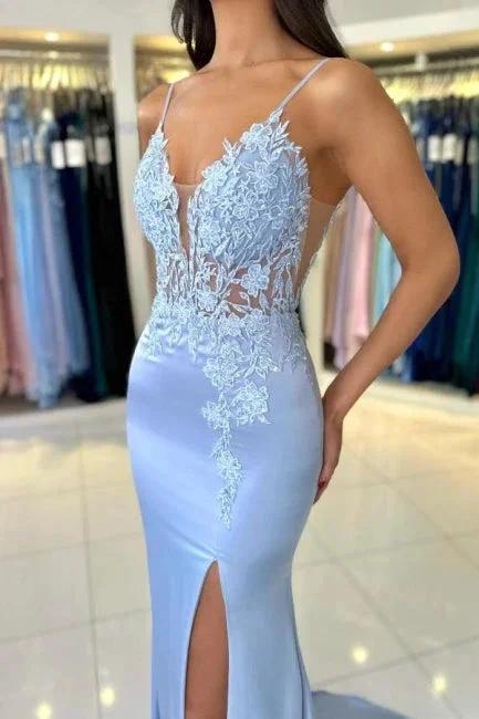 Gorgeous Column Satin Spaghetti Straps Sleeveless Prom Dress With Appliques Split by misshow.com