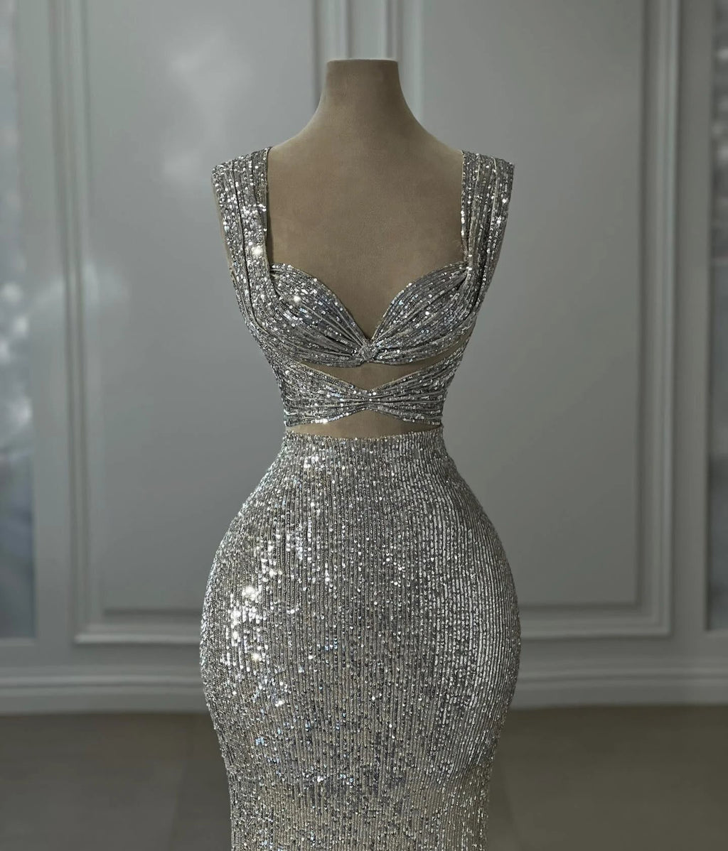 Gorgeous Column Sequined Off-The-Shoulder Sleeveless Silver Prom Dress With Sequined by misshow.com