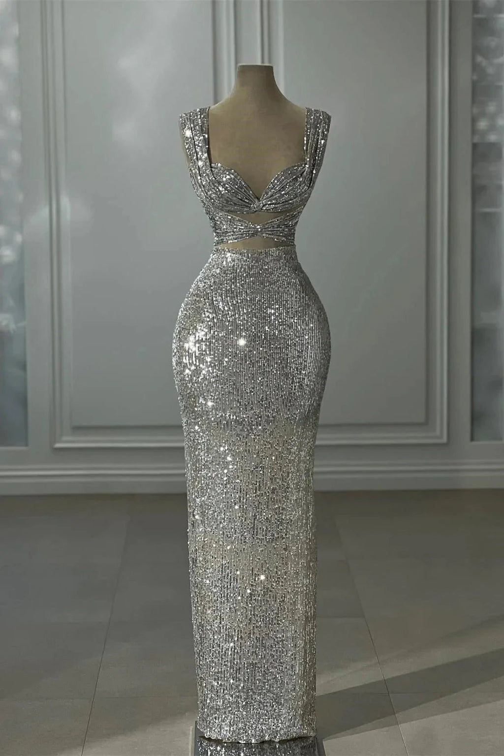 Gorgeous Column Sequined Off-The-Shoulder Sleeveless Silver Prom Dress With Sequined by misshow.com