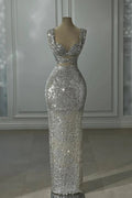 Gorgeous Column Sequined Off-The-Shoulder Sleeveless Silver Prom Dress With Sequined by misshow.com