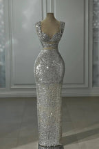 Gorgeous Column Sequined Off-The-Shoulder Sleeveless Silver Prom Dress With Sequined by misshow.com