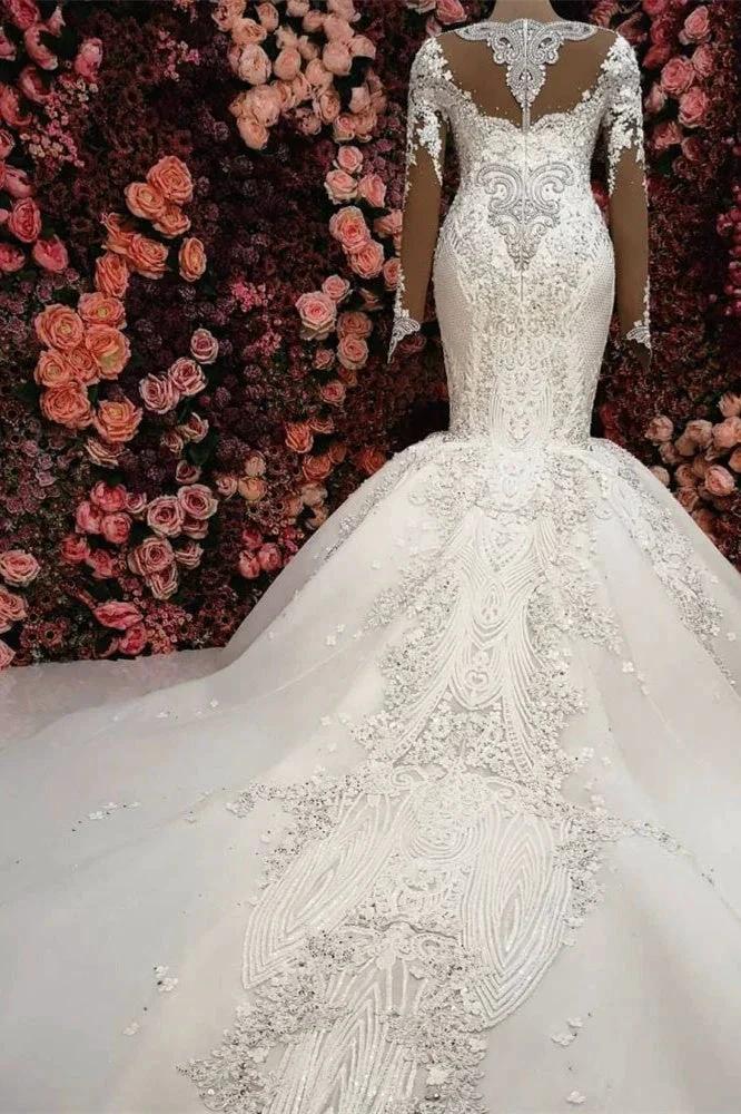 Gorgeous Crystals Mermaid Bridal Wears Long Sleeves Chapel Train Wedding Dress by misshow.com