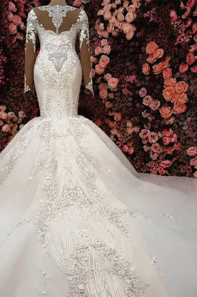 Gorgeous Crystals Mermaid Bridal Wears Long Sleeves Chapel Train Wedding Dress by misshow.com