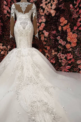 Gorgeous Crystals Mermaid Bridal Wears Long Sleeves Chapel Train Wedding Dress