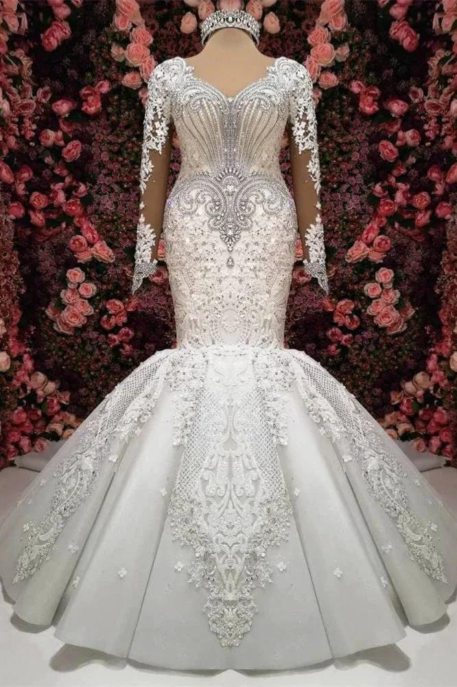 Gorgeous Crystals Mermaid Bridal Wears Long Sleeves Chapel Train Wedding Dress by misshow.com