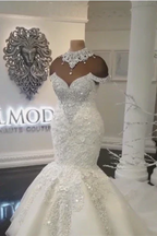 Gorgeous Crystals Mermaid Wedding Dress Off-the-Shoulder Appliques Bridal Wears by misshow.com