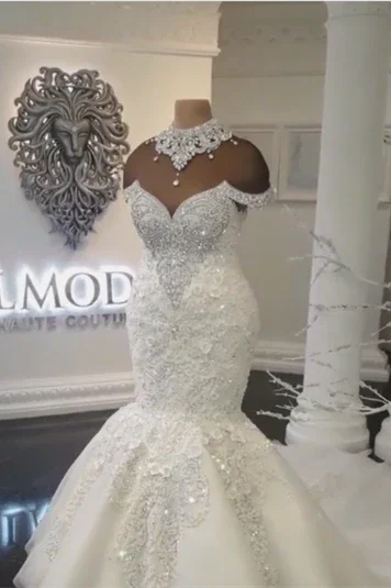 Gorgeous Crystals Mermaid Wedding Dress Off-the-Shoulder Appliques Bridal Wears by misshow.com