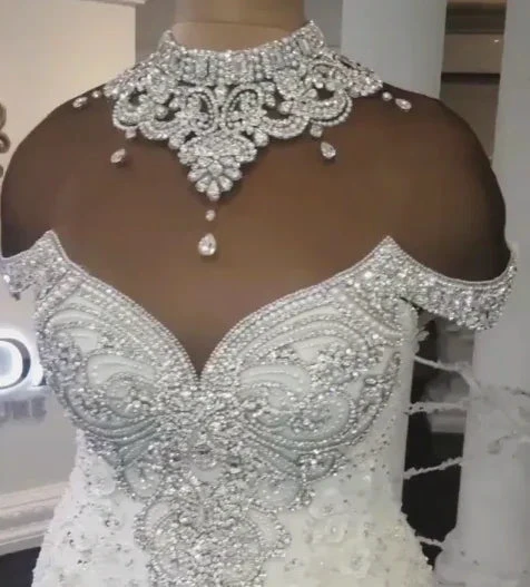 Gorgeous Crystals Mermaid Wedding Dress Off-the-Shoulder Appliques Bridal Wears by misshow.com