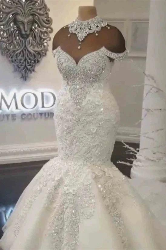 Gorgeous Crystals Mermaid Wedding Dress Off-the-Shoulder Appliques Bridal Wears by misshow.com