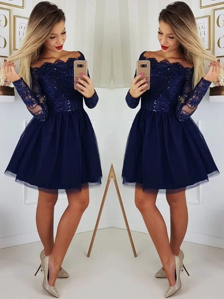 Gorgeous Dark Blue Sequins Short Prom Dresses with Sleeves by BIZTUNNEL