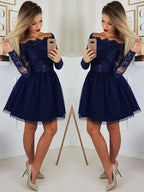 Gorgeous Dark Blue Sequins Short Prom Dresses with Sleeves by BIZTUNNEL
