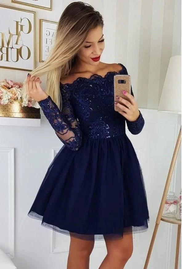 Gorgeous Dark Blue Sequins Short Prom Dresses with Sleeves by BIZTUNNEL