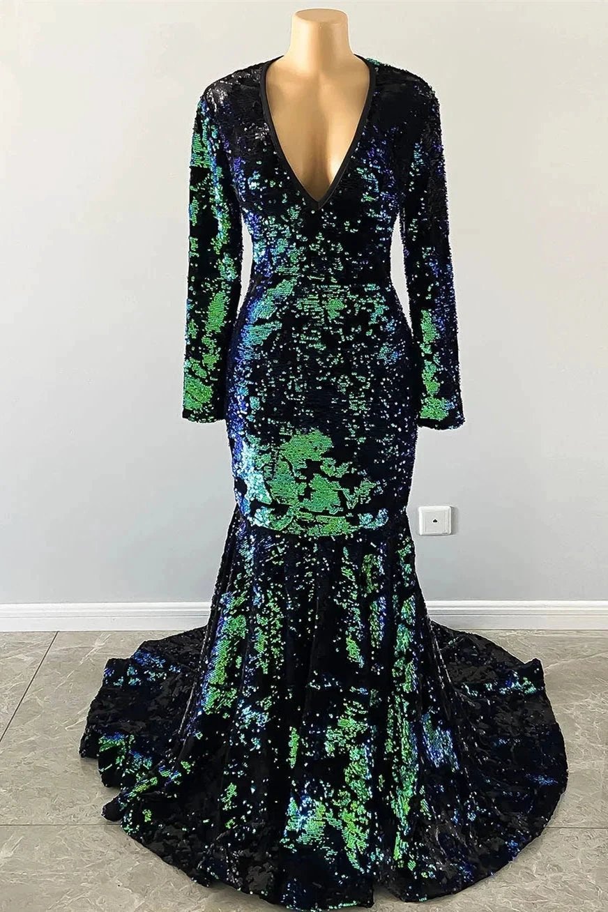 Gorgeous Dark Green V-neck Long Sleeve Floor-length Mermaid Prom Dresses by misshow.com
