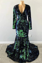 Gorgeous Dark Green V-neck Long Sleeve Floor-length Mermaid Prom Dresses by misshow.com