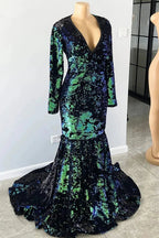 Gorgeous Dark Green V-neck Long Sleeve Floor-length Mermaid Prom Dresses by misshow.com