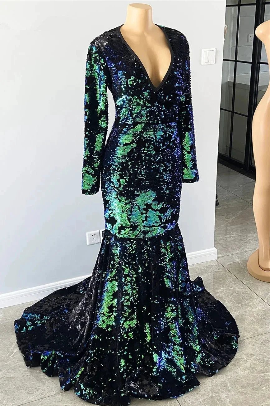 Gorgeous Dark Green V-neck Long Sleeve Floor-length Mermaid Prom Dresses by misshow.com