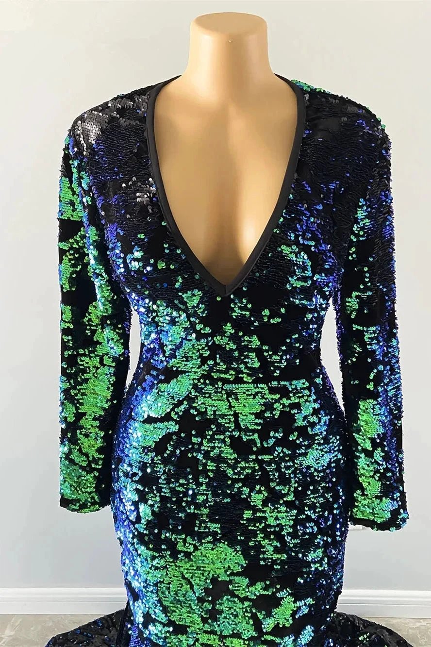 Gorgeous Dark Green V-neck Long Sleeve Floor-length Mermaid Prom Dresses by misshow.com