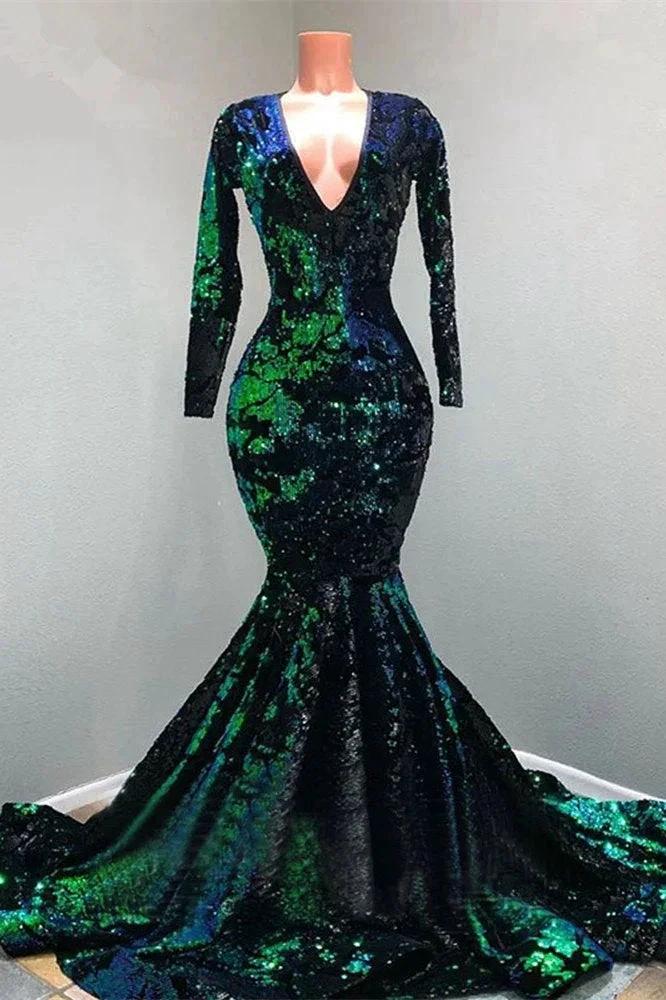 Gorgeous Dark Green V-neck Long Sleeve Floor-length Mermaid Prom Dresses by misshow.com