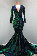 Gorgeous Dark Green V-neck Long Sleeve Floor-length Mermaid Prom Dresses by misshow.com