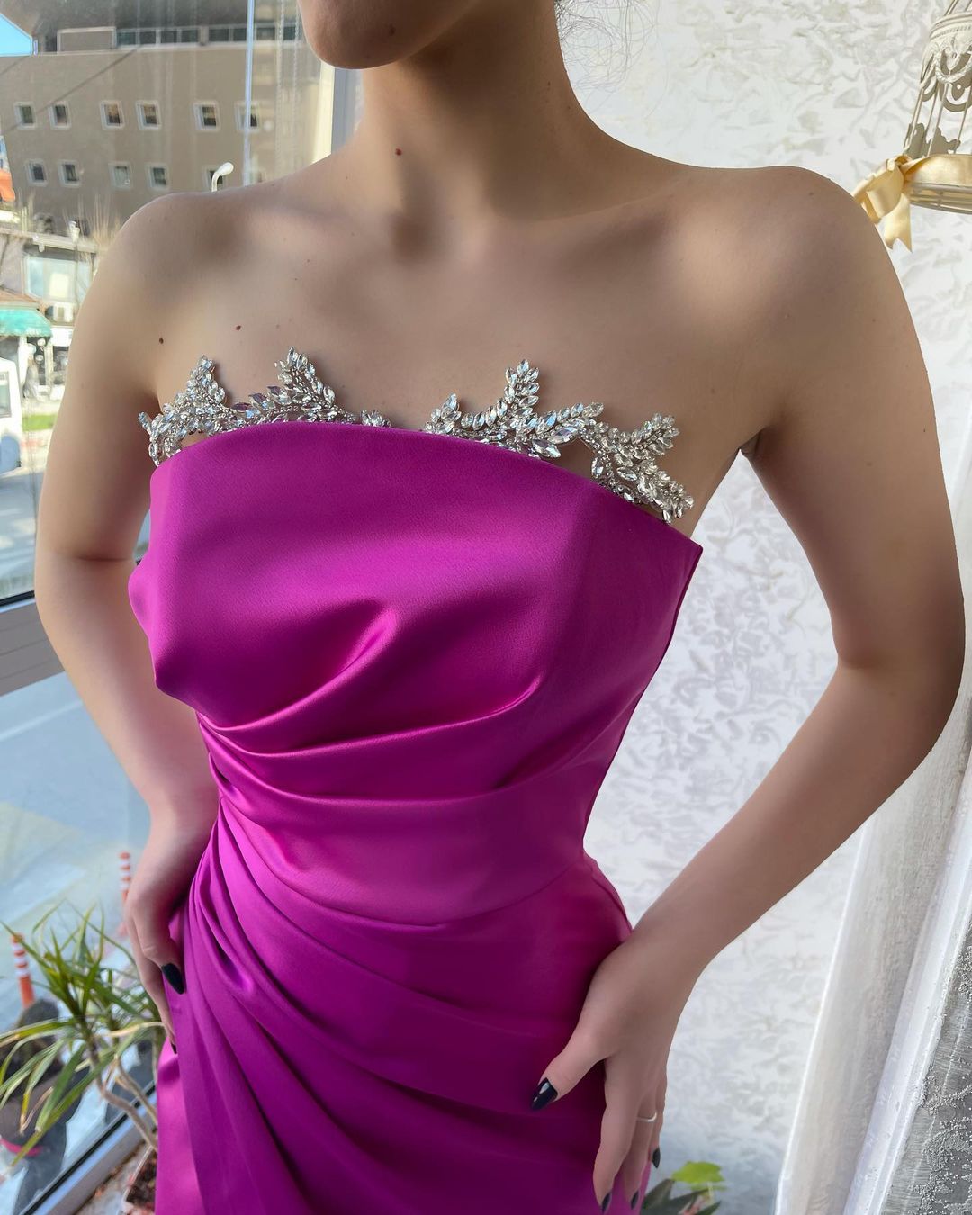 Gorgeous Fuchsia Strapless Crystal Prom Dress With Slit