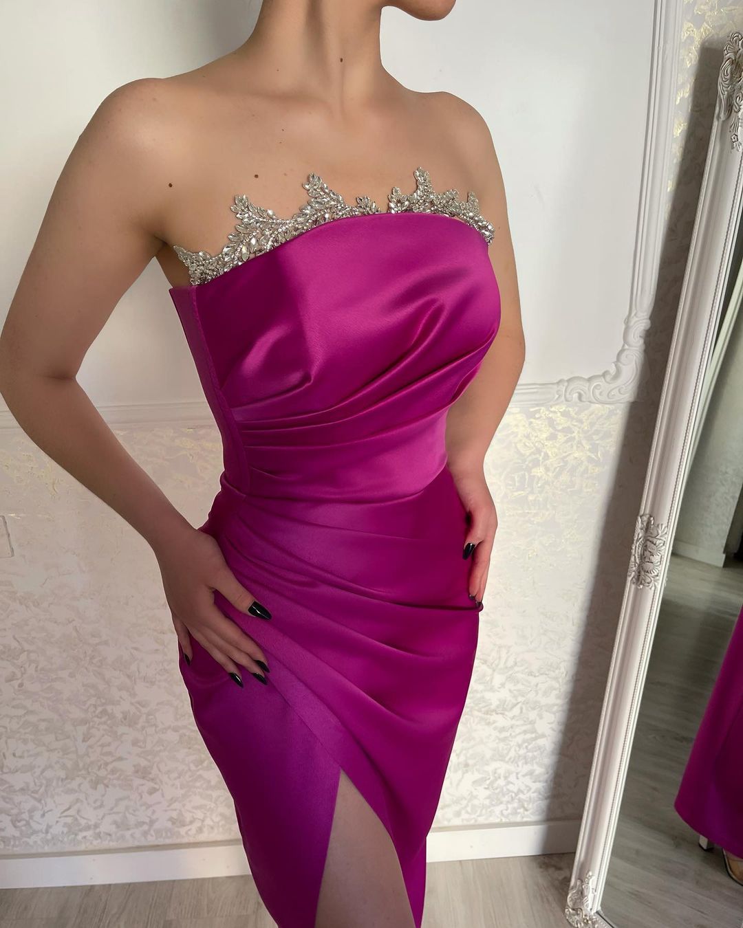 Gorgeous Fuchsia Strapless Crystal Prom Dress With Slit