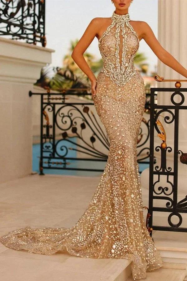 Gorgeous Gold Long Glitter High Neck Mermaid Sleeveless Evening Dresses by misshow.com