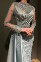 Gorgeous Grey Long Sleeves Jewel Mermaid Stretch Satin Prom Dress with Appliques by misshow.com