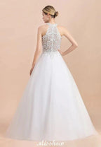 Gorgeous Halter Rhinstones Wedding Dress White Tulle Lace Appliques Aline Bridal Gown by misshow.com