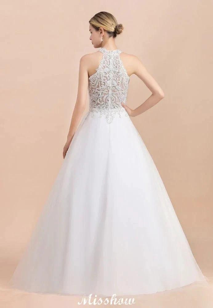 Gorgeous Halter Rhinstones Wedding Dress White Tulle Lace Appliques Aline Bridal Gown by misshow.com