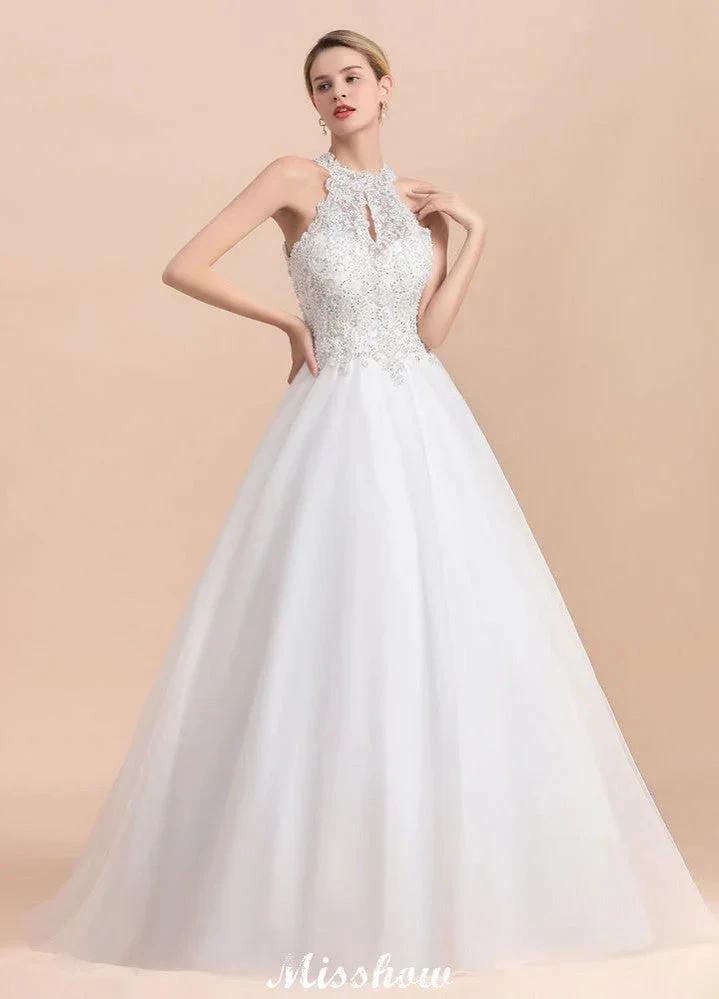 Gorgeous Halter Rhinstones Wedding Dress White Tulle Lace Appliques Aline Bridal Gown by misshow.com