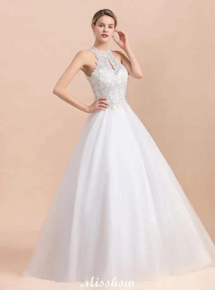 Gorgeous Halter Rhinstones Wedding Dress White Tulle Lace Appliques Aline Bridal Gown by misshow.com