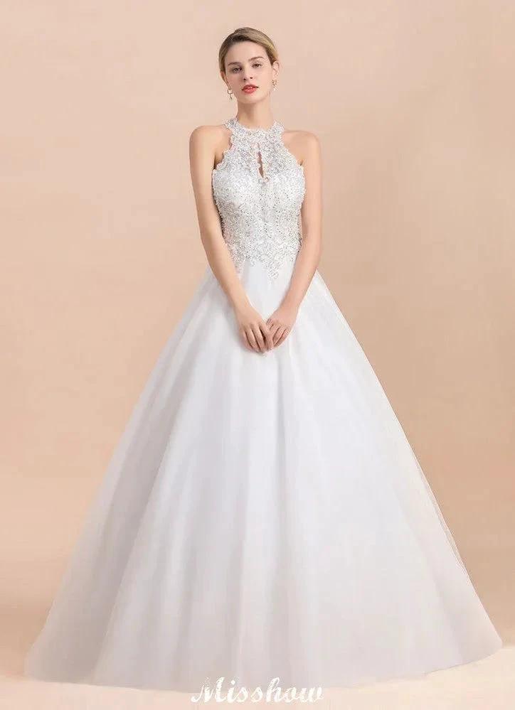 Gorgeous Halter Rhinstones Wedding Dress White Tulle Lace Appliques Aline Bridal Gown by misshow.com