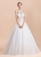 Gorgeous Halter Rhinstones Wedding Dress White Tulle Lace Appliques Aline Bridal Gown by misshow.com