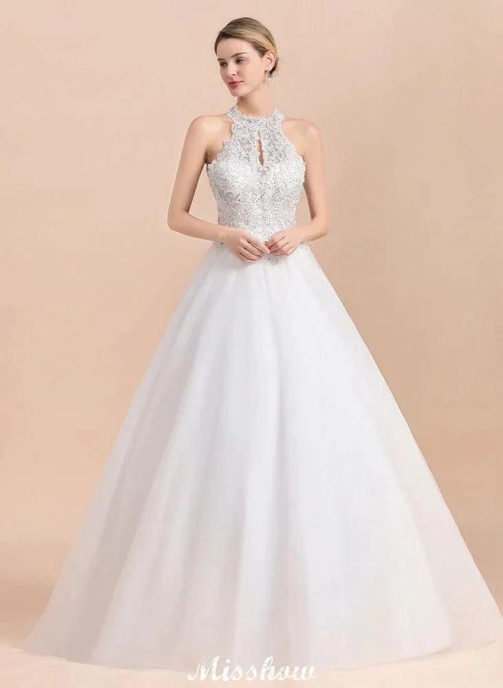 Gorgeous Halter Rhinstones Wedding Dress White Tulle Lace Appliques Aline Bridal Gown by misshow.com