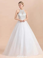 Gorgeous Halter Rhinstones Wedding Dress White Tulle Lace Appliques Aline Bridal Gown by misshow.com
