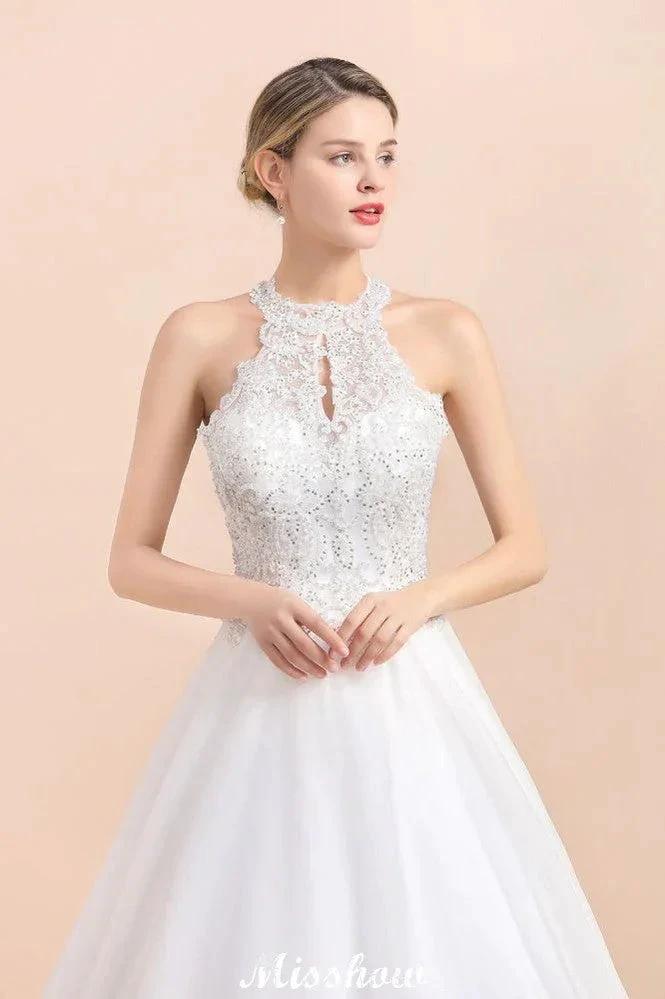 Gorgeous Halter Rhinstones Wedding Dress White Tulle Lace Appliques Aline Bridal Gown by misshow.com