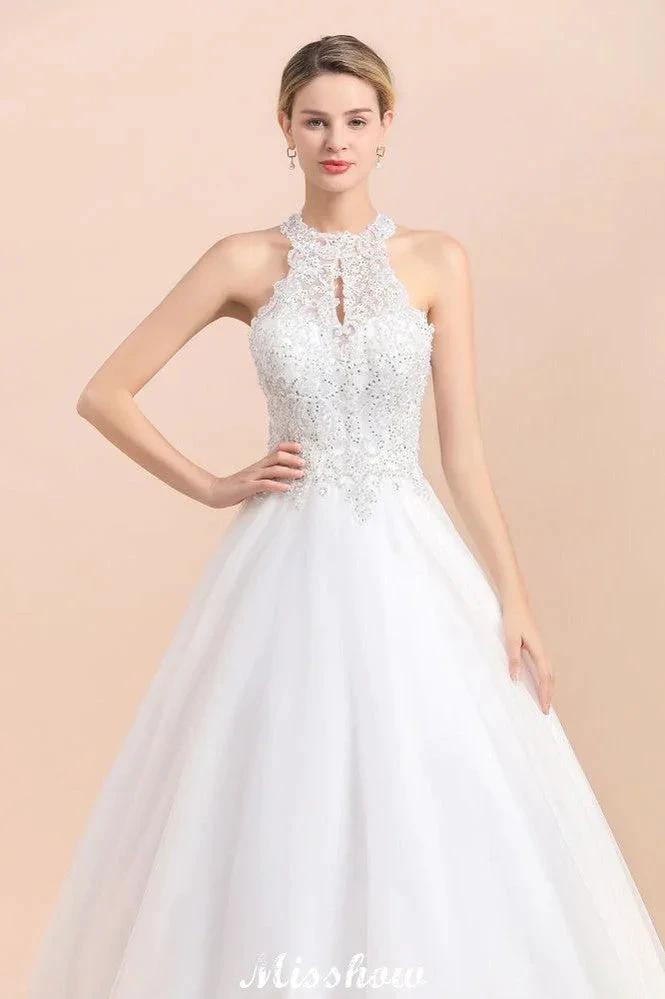 Gorgeous Halter Rhinstones Wedding Dress White Tulle Lace Appliques Aline Bridal Gown by misshow.com