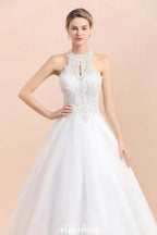 Gorgeous Halter Rhinstones Wedding Dress White Tulle Lace Appliques Aline Bridal Gown by misshow.com