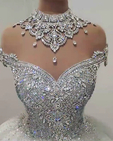 Gorgeous High Neck Crystal Beading Princess Wedding Dress