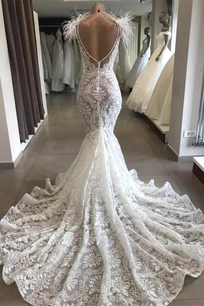 Gorgeous Hollow Sweetheart Lace Long Wedding Dress with Fur Neckline by misshow.com