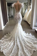 Gorgeous Hollow Sweetheart Lace Long Wedding Dress with Fur Neckline by misshow.com