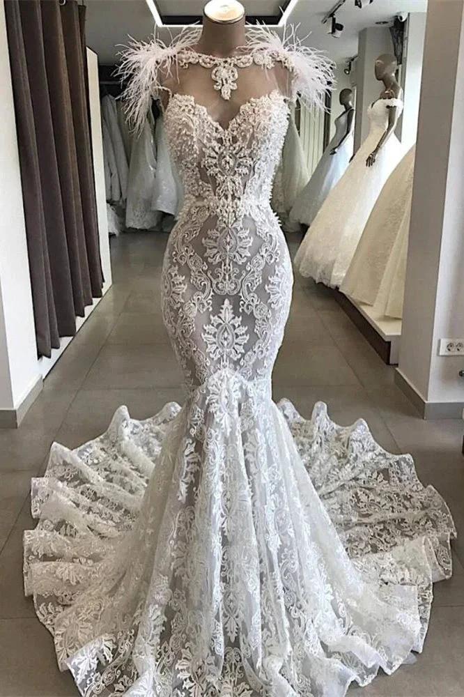 Gorgeous Hollow Sweetheart Lace Long Wedding Dress with Fur Neckline by misshow.com