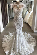 Gorgeous Hollow Sweetheart Lace Long Wedding Dress with Fur Neckline by misshow.com