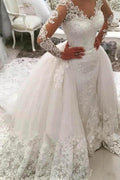 Gorgeous Ivory Long Mermaid V-Neck Appliques Lace Wedding Dress with Sleeves by BIZTUNNEL