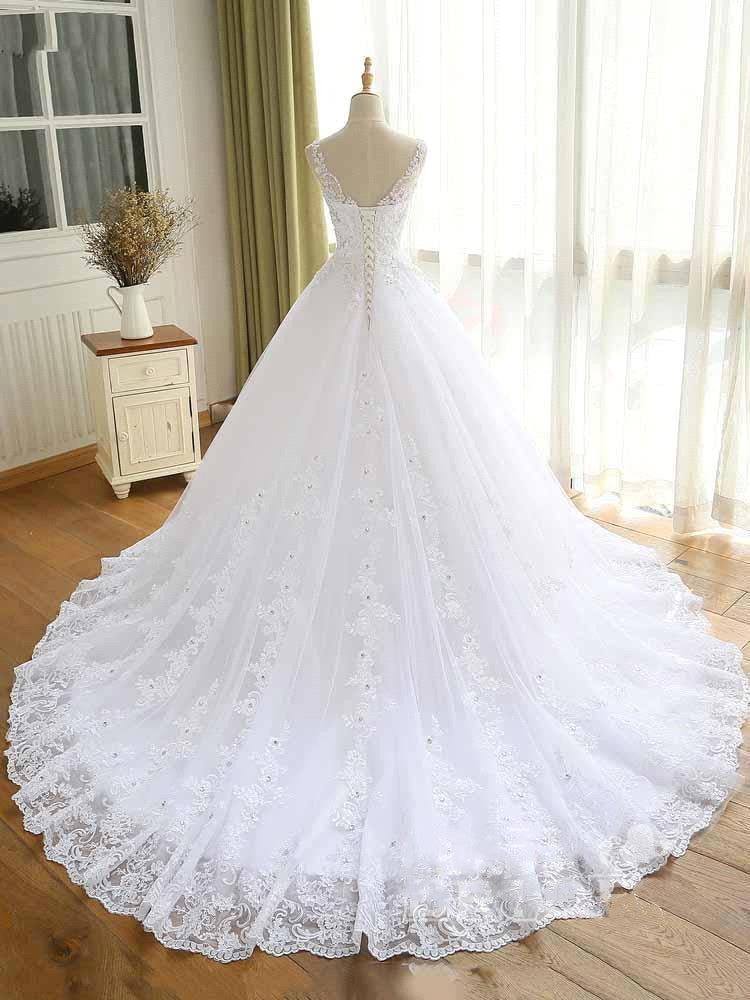 Gorgeous Lace Beaded Wedding Dress New Arrival V-Neck Straps Long Princess Wedding Party Bridal Dress