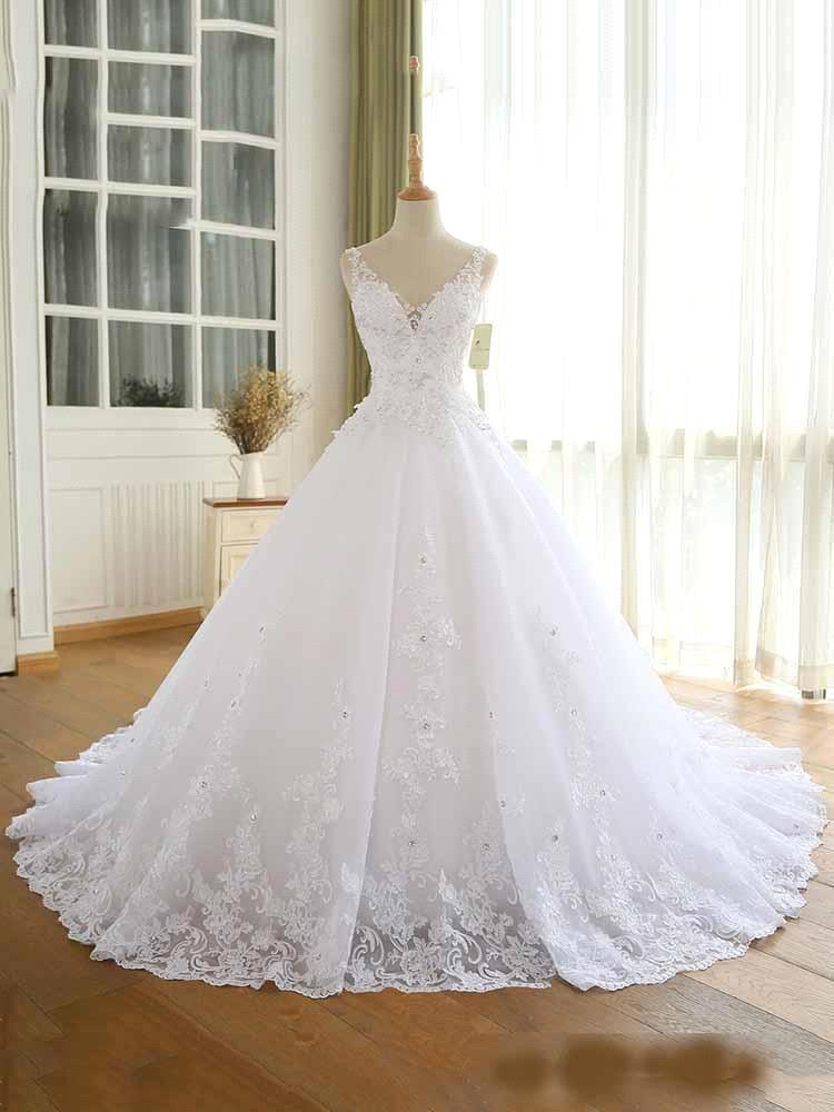 Gorgeous Lace Beaded Wedding Dress New Arrival V-Neck Straps Long Princess Wedding Party Bridal Dress