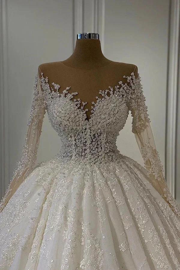 Gorgeous Lace Long Sleeve Beads Ball Gown Wedding Dress by BIZTUNNEL